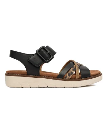 Sandale dama,  piele naturala, negru/maro, sistem inchidere velcro