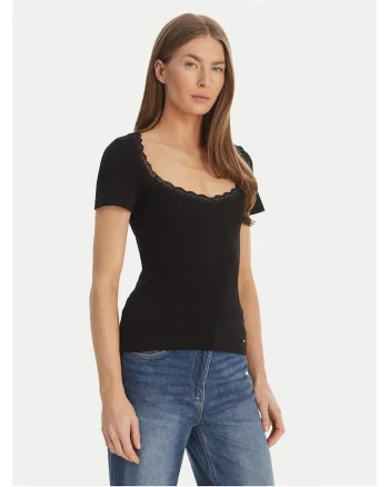 Tricou dama,  slim fit, negru, 54% bumbac, 43% viscoza, 3% elastan