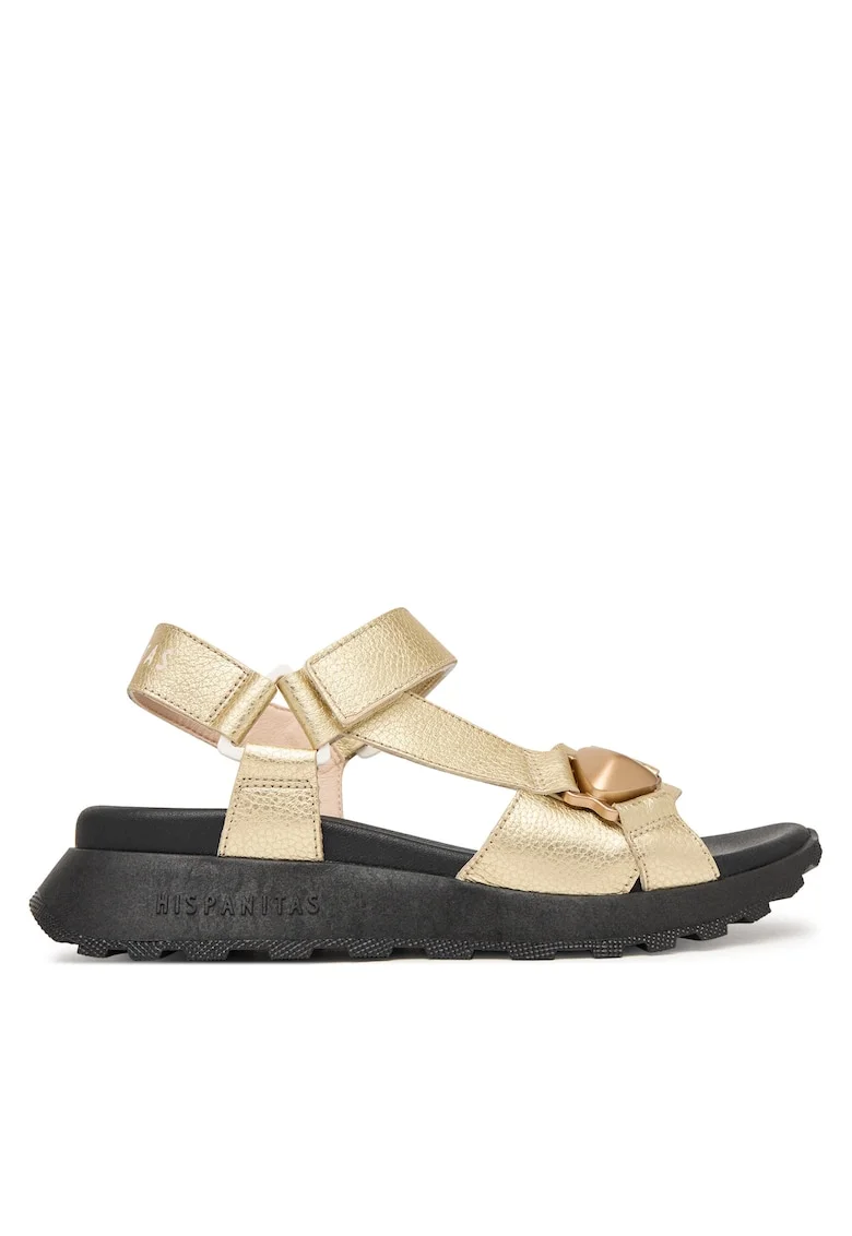 Sandale dama,  piele naturala, auriu/negru, sistem inchidere Velcro