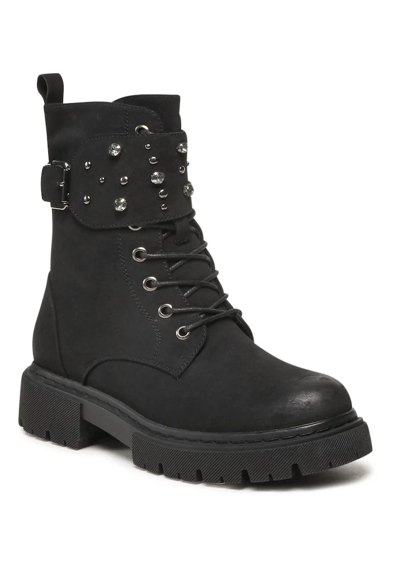 Ghete dama,  piele ecologica, negru, strasuri elegante, inchidere cu fermoar,