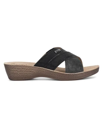 Papuci dama,  negru, sintetic, toc plat