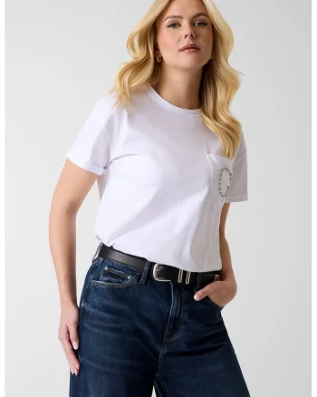 Tricou din bumbac cu buzunar pe piept si aplicatie cu margele, Alb/Argintiu