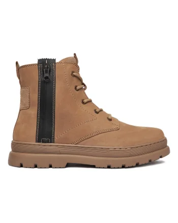 Ghete barbatesti,  piele naturala, bej, fermoar, platforma stabila,