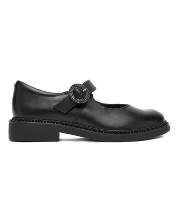 Balerini dama,  piele naturala, negru, talpa solida, inchidere cu catarama