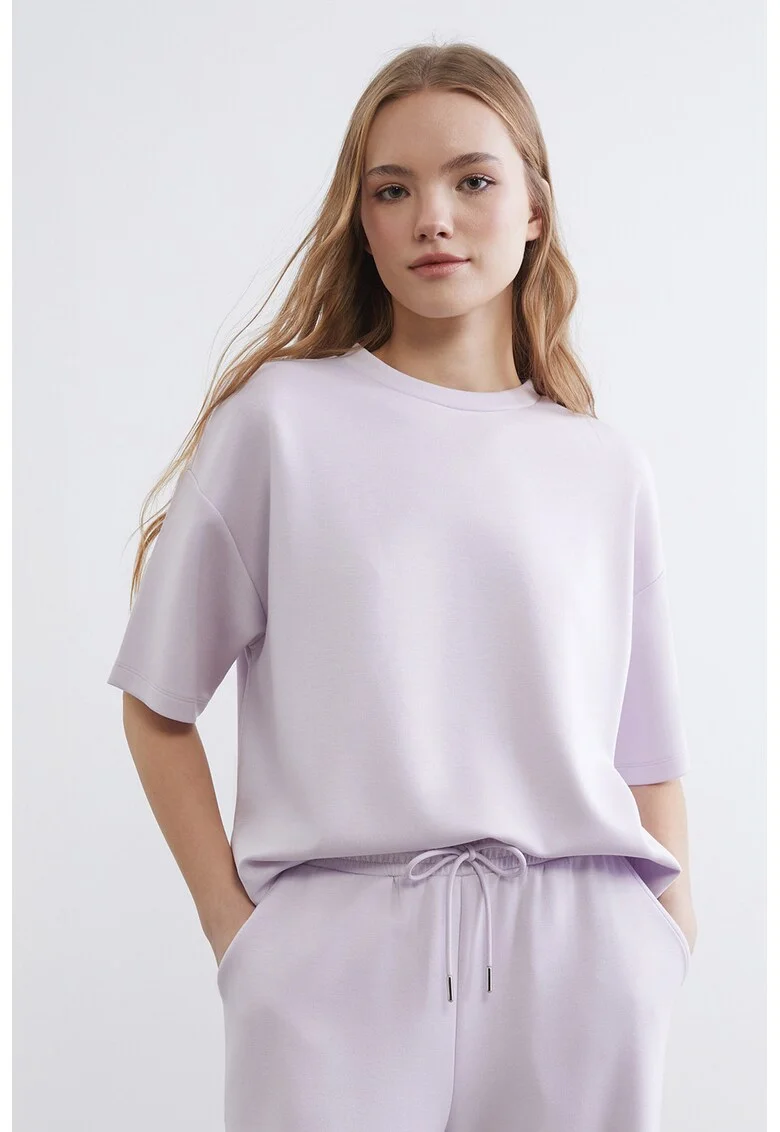 Tricou supradimensionat cu decolteu la baza gatului, Lila