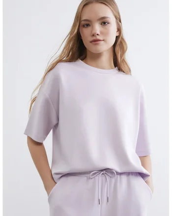 Tricou supradimensionat cu decolteu la baza gatului, Lila