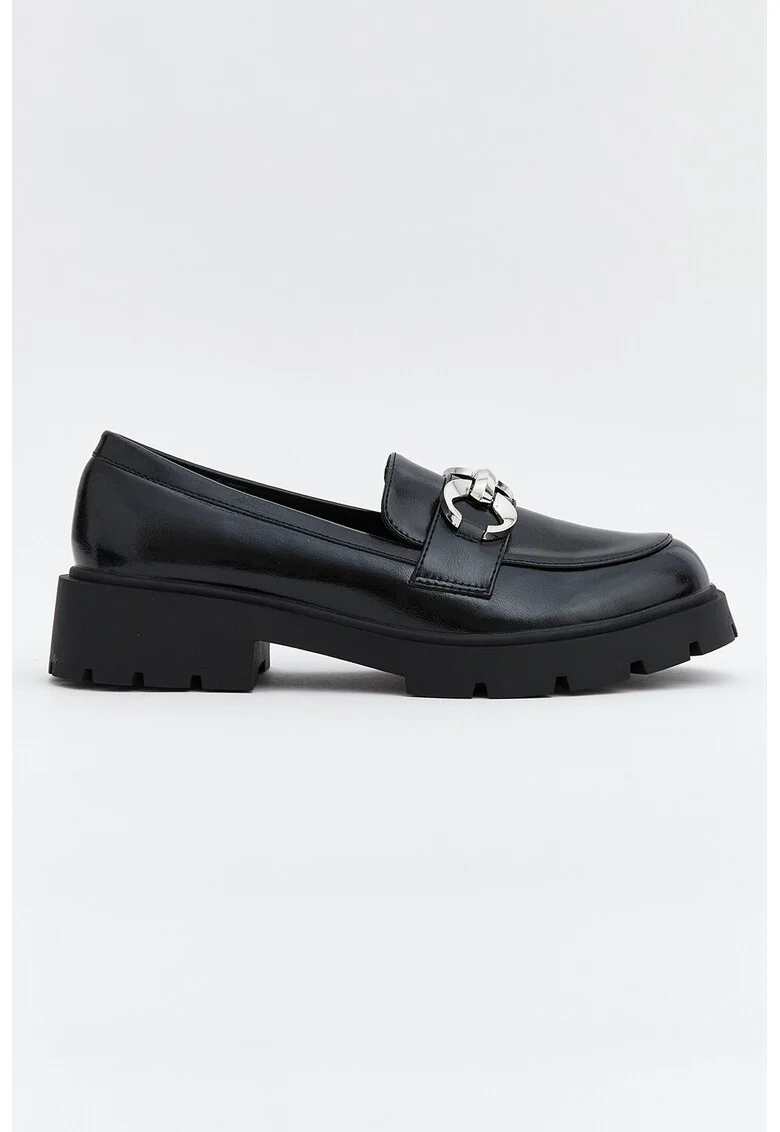 Pantofi loafer de piele ecologica cu detaliu de lant, Negru