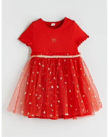 Rochie evazata cu tul, Rosu