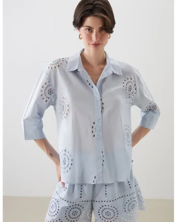 Camasa de bumbac cu broderie Sangallo, Albastru deschis