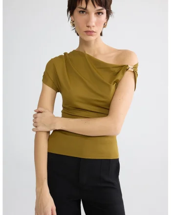 Bluza asimetrica drapata cu decolteu pe un umar, Verde masliniu