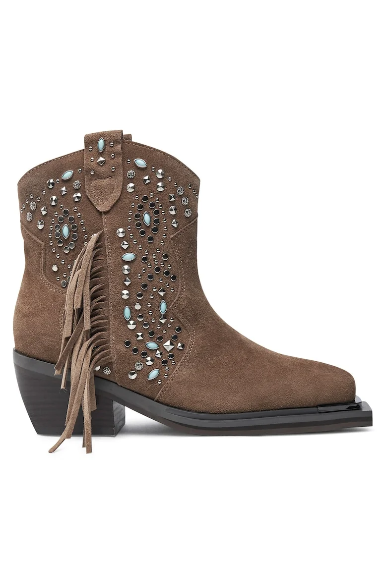 Cizme cowgirl dama,  piele intoarsa cerata, maro, confortabile,