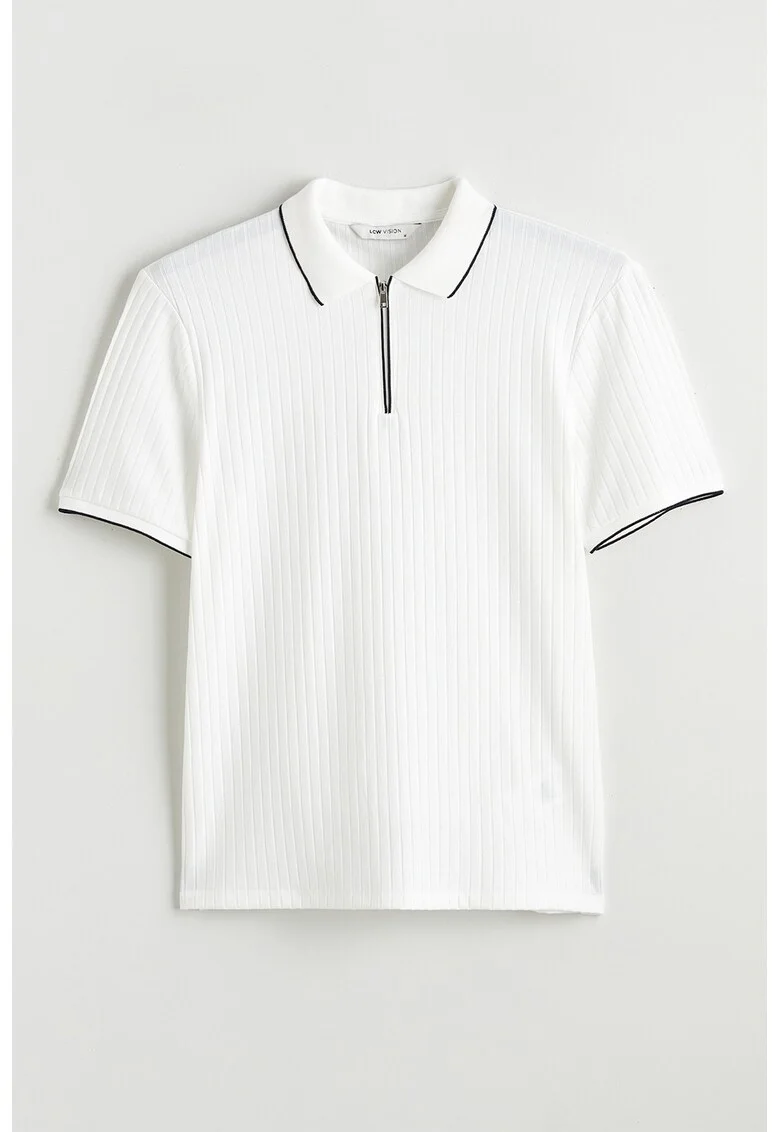 Tricou polo cu fenta cu fermoar, Negru/Alb murdar