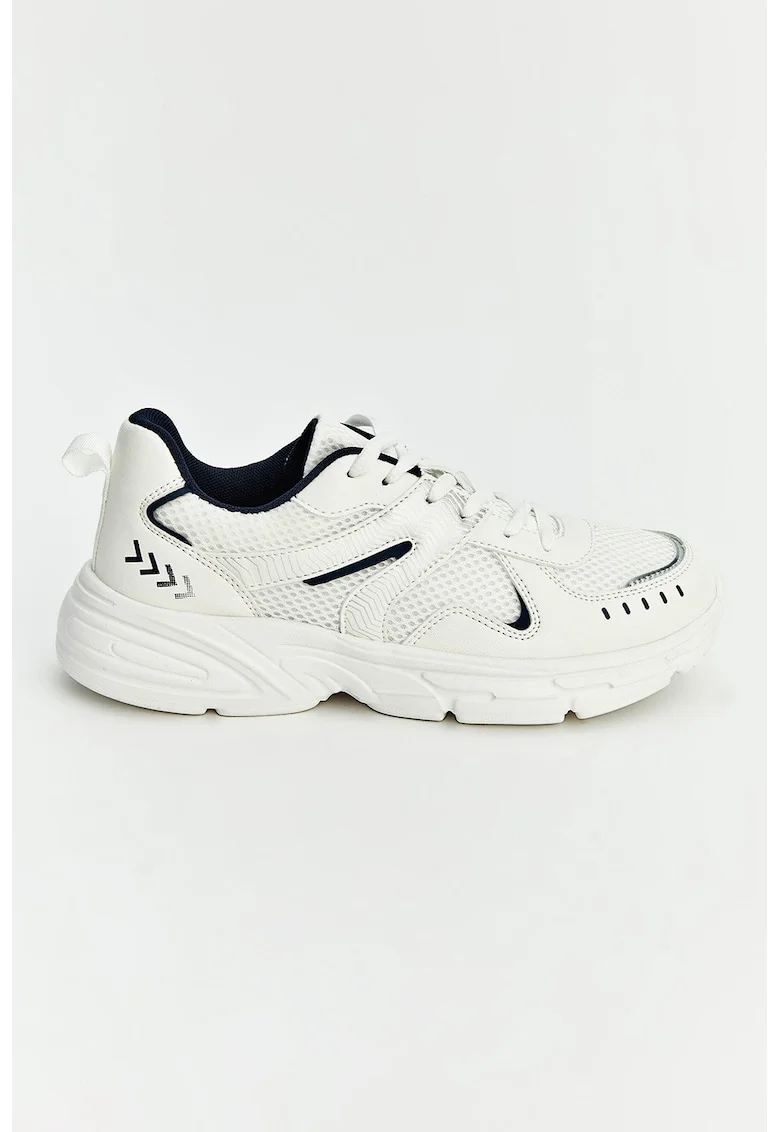 Pantofi sport din piele ecologica cu insertii, Alb/Bleumarin