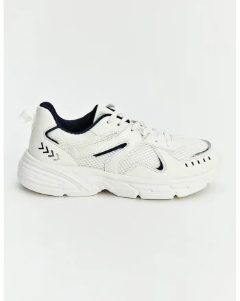 Pantofi sport din piele ecologica cu insertii, Alb/Bleumarin