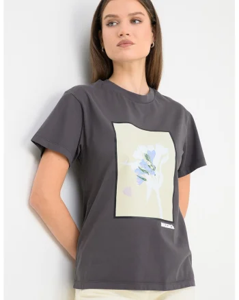 Tricou de bumbac cu decolteu la baza Oguno, Alb optic/Gri antracit/Crem
