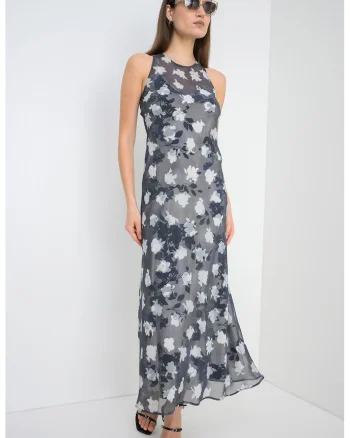 Rochie cu model floral si aspect 2in1 Epopea, Alb murdar/Gri antracit/Gri inchis