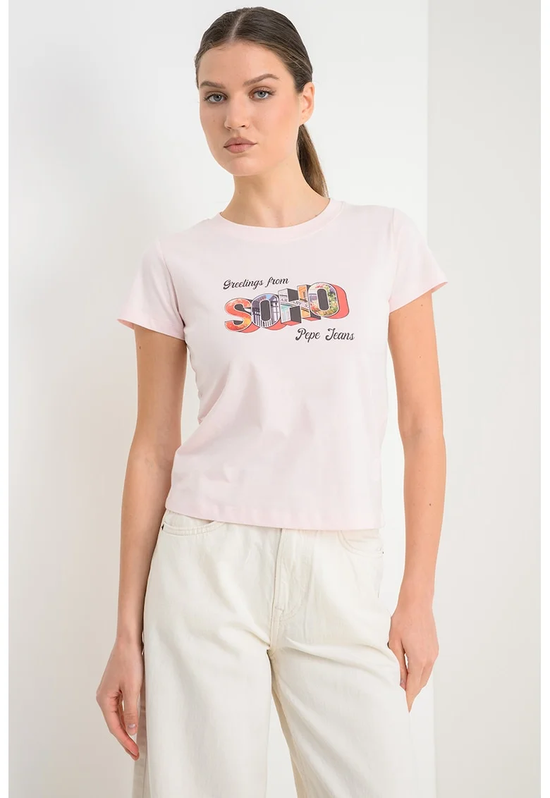 Tricou din bumbac cu imprimeu Nela, Maro inchis/Roz deschis