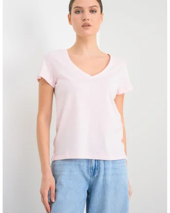Tricou din bumbac si in cu decolteu in V Megan, Roz pal