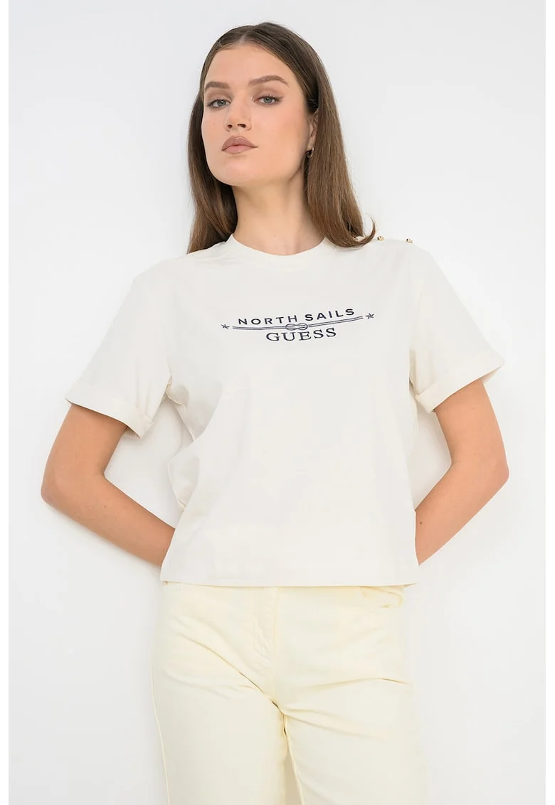 Tricou din amestec de bumbac cu broderie logo, Crem/Bleumarin