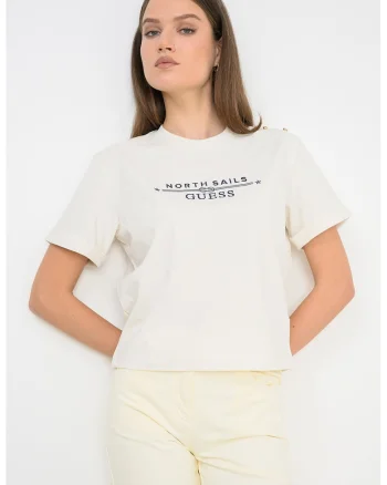 Tricou din amestec de bumbac cu broderie logo, Crem/Bleumarin