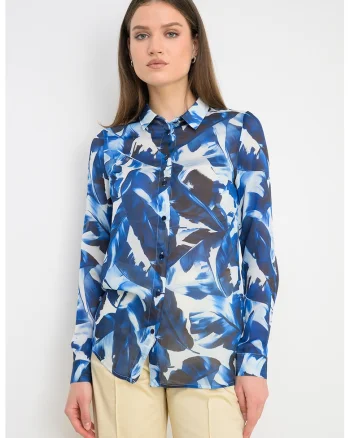 Camasa vaporoasa cu model floral, Alb/Albastru