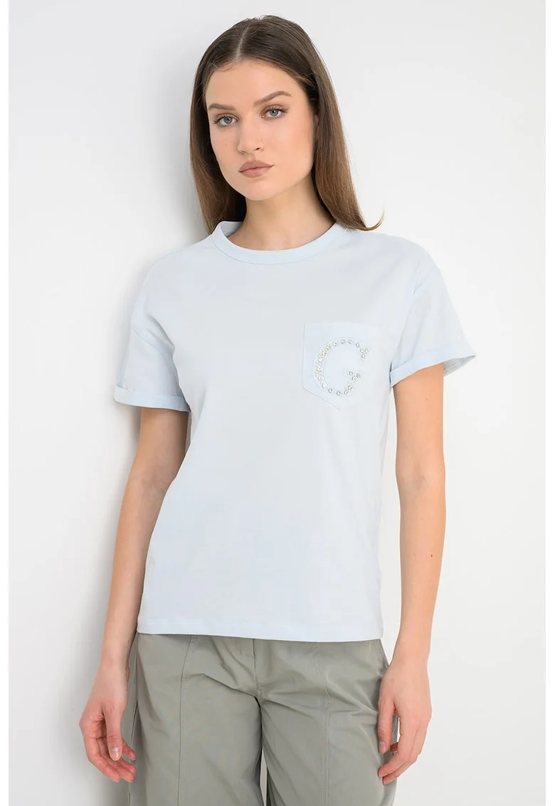 Tricou din bumbac cu buzunar pe piept si aplicatie cu margele, Albastru deschis