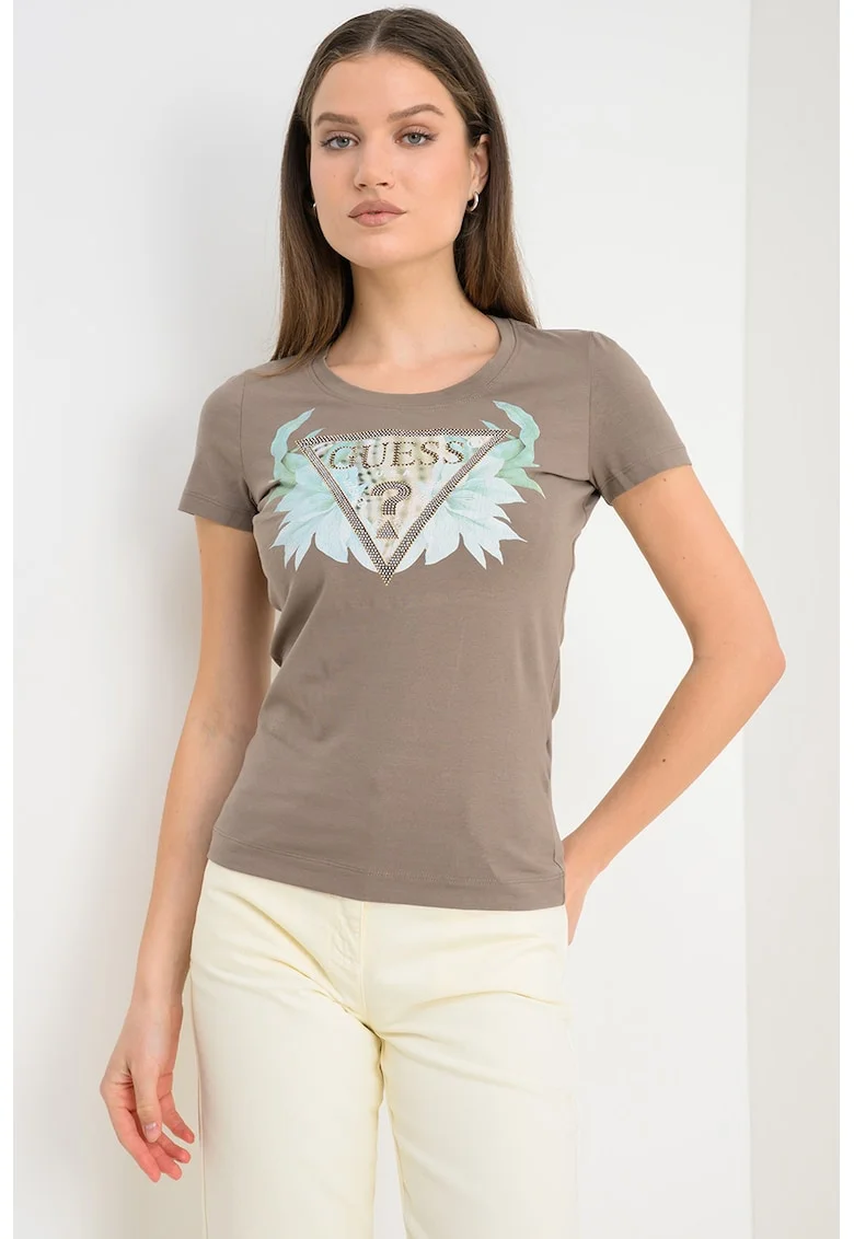 Tricou cu impriemu si decolteu la baza gatului, Albastru pastel/Kaki