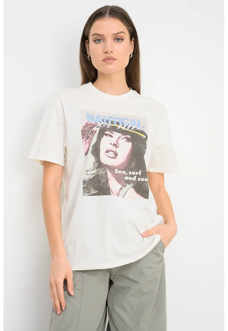 Tricou de bumbac cu model grafic, Alb fildes/Roz/Albastru