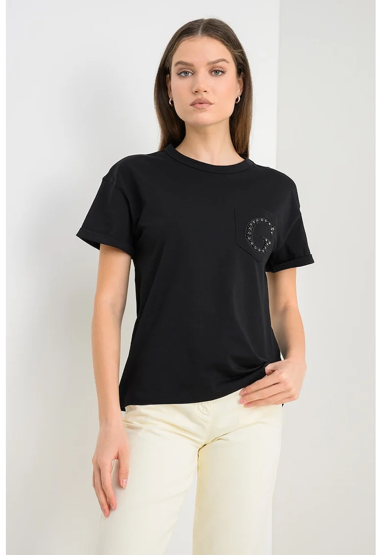 Tricou din bumbac cu buzunar pe piept si aplicatie cu margele, Negru