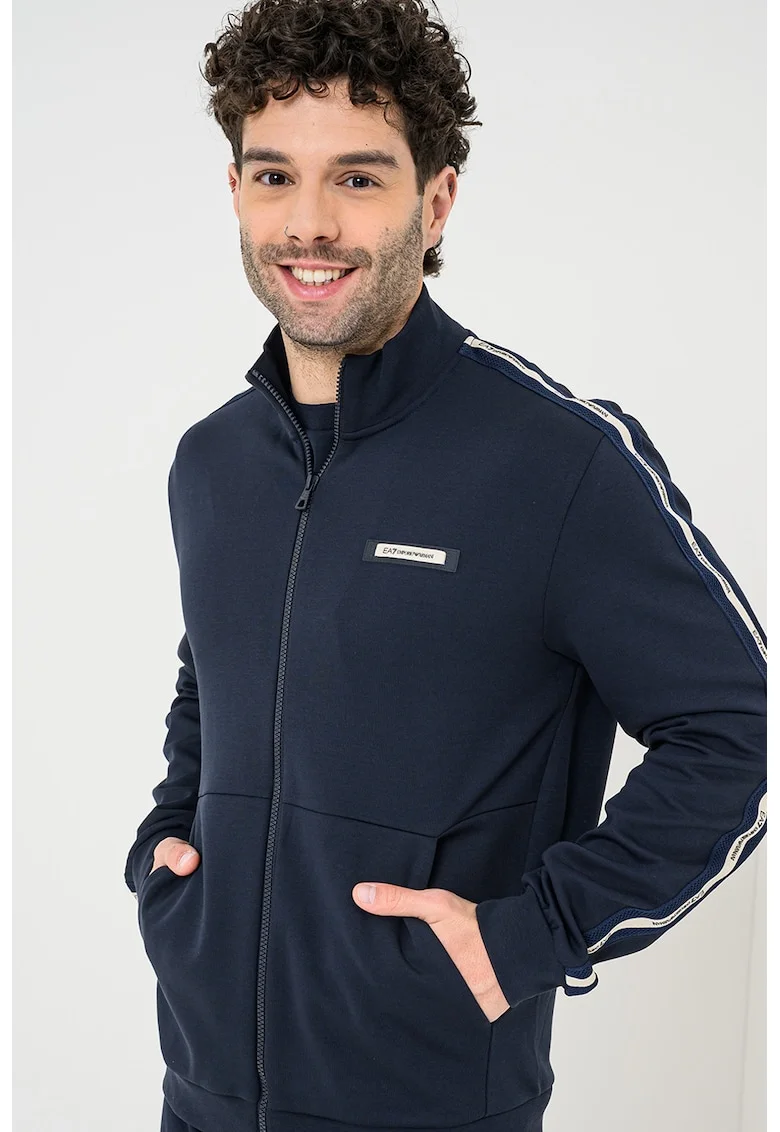 7 Bluza de trening cu fermoar si aplicatie logo brodata, Alb fildes/Negru/Albastru ultramarin