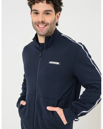 7 Bluza de trening cu fermoar si aplicatie logo brodata, Alb fildes/Negru/Albastru ultramarin
