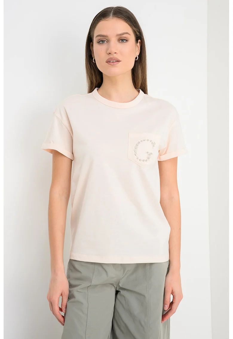 Tricou din bumbac cu buzunar pe piept si aplicatie cu margele, Piersica