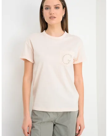 Tricou din bumbac cu buzunar pe piept si aplicatie cu margele, Piersica