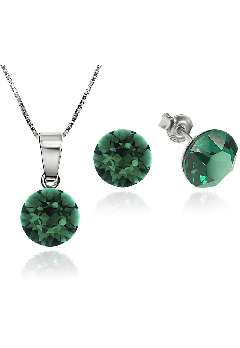 Set Argint 925 placat cu rodiu cu cristale Swarovski® Xirius Emerald 8mm Surub + Lant