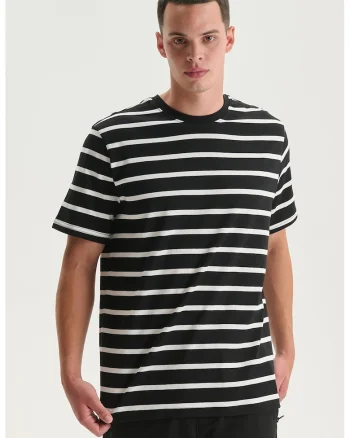 Tricou cu decolteu la baza gatului si model in dungi, Alb/Negru