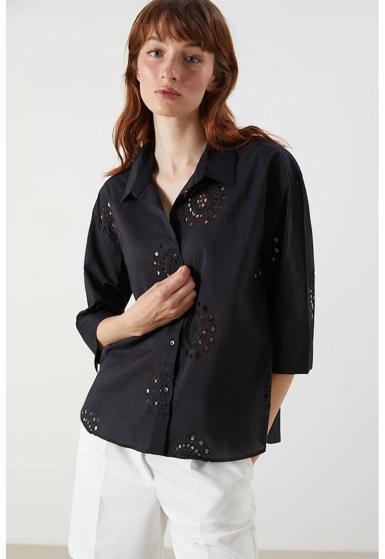 Camasa de bumbac cu broderie Sangallo, Negru