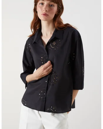 Camasa de bumbac cu broderie Sangallo, Negru
