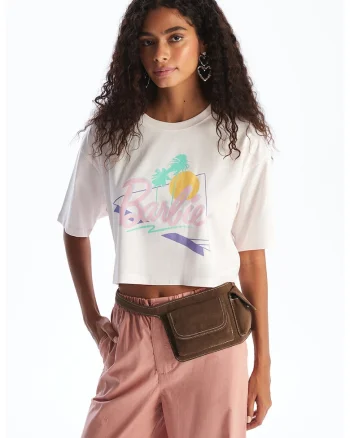 Tricou crop de bumbac Barbie, Roz pastel