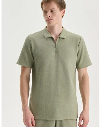 Tricou polo cu fenta cu fermoar, Verde pal