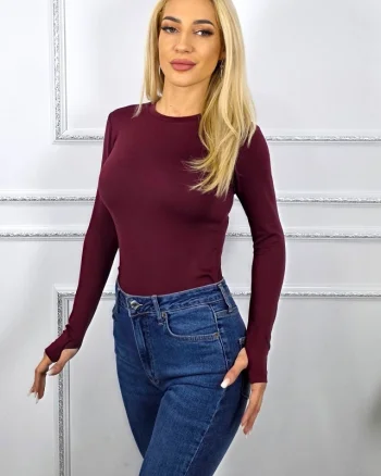 Bluza midi BASIC, cu guler rotund si fenta deget, Burgundy