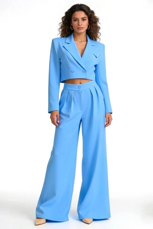Costum office Marcella, cu sacou structurat si pantaloni evazati, BLEU, Marime S/M