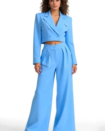 Costum office Marcella, cu sacou structurat si pantaloni evazati, BLEU, Marime S/M