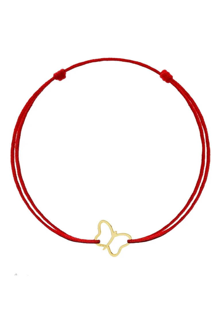 Bratara cu pandantiv Fluture din AUR 14K 585, snur rosu reglabil, aur galben, dama