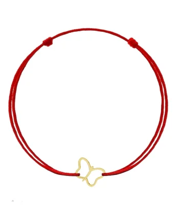 Bratara cu pandantiv Fluture din AUR 14K 585, snur rosu reglabil, aur galben, dama