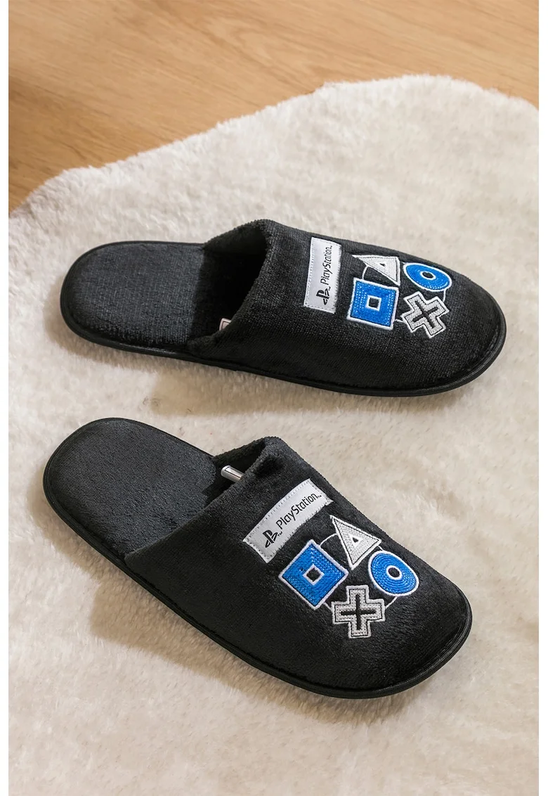 Papuci de casa din material textil cu model cu broderie, Gri inchis