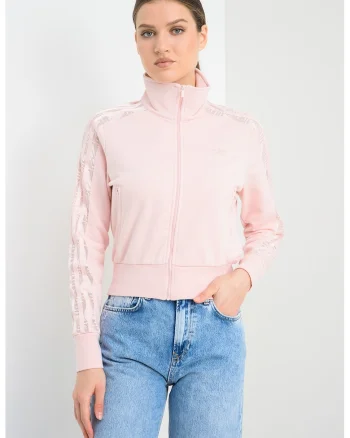 Bluza de trening slim fit cu insertii de dantela Firebird, Roz pastel