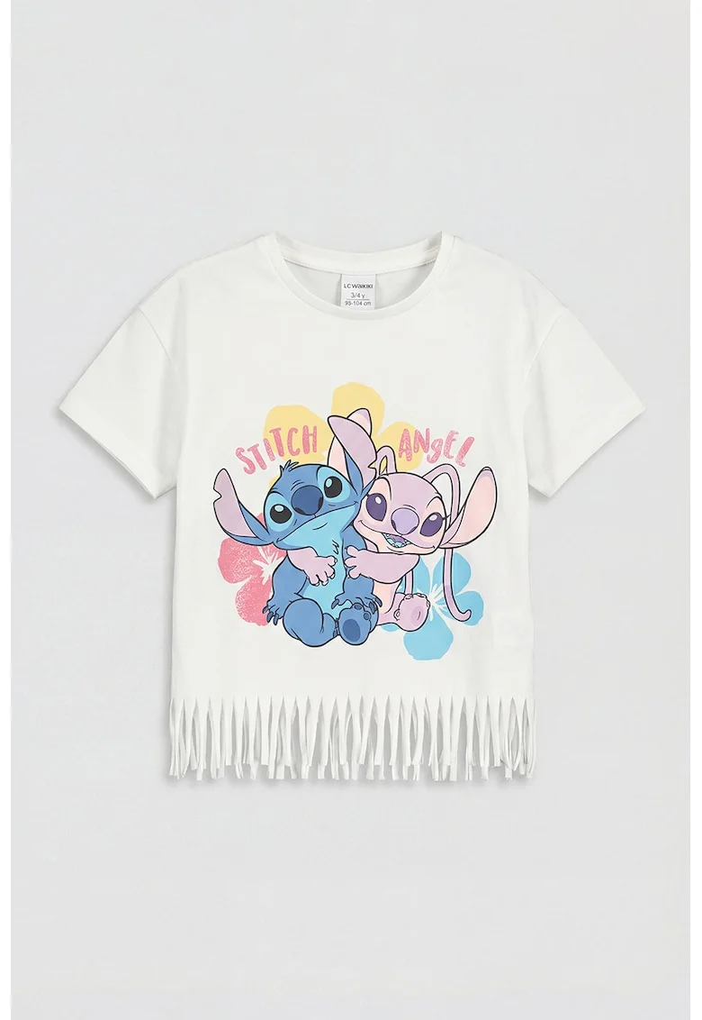 Tricou cu terminatie cu franjuri si imprimeu desene animate, Alb/Roz/Albastru