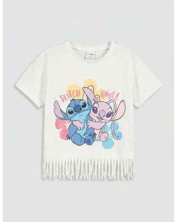 Tricou cu terminatie cu franjuri si imprimeu desene animate, Alb/Roz/Albastru