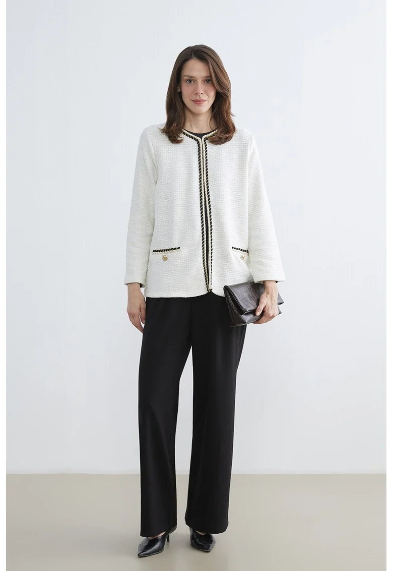 Cardigan cu aspect texturat, fara inchidere, Alb fildes/Negru