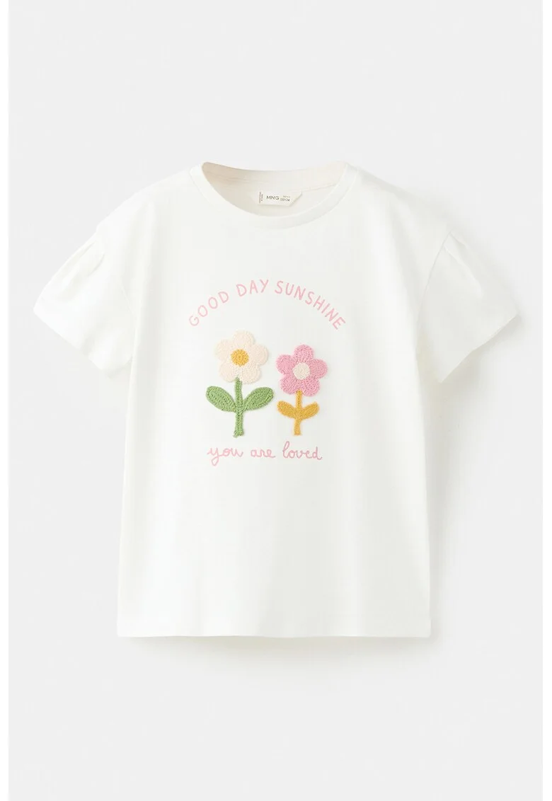 Tricou de bumbac cu aplicatii florale, Alb/Roz
